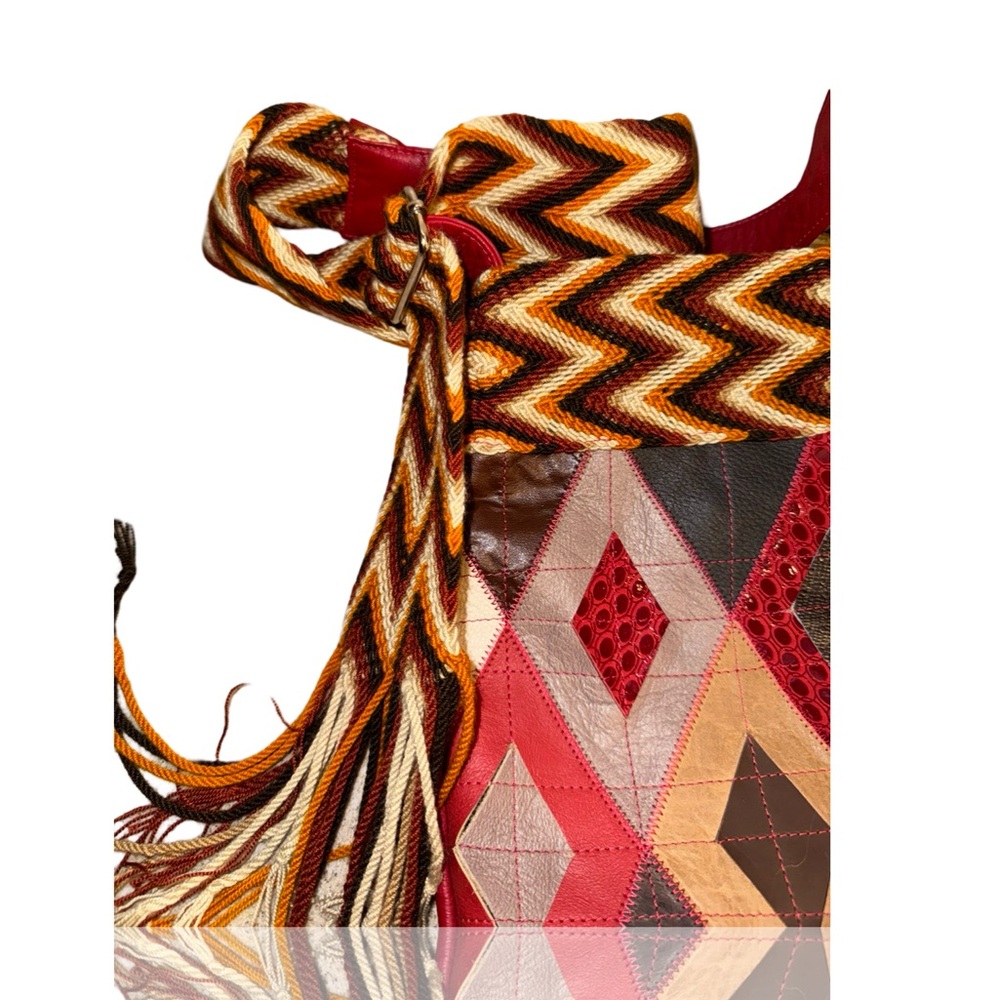 Vintage Leather Patchwork Boho Red Multicolored P… - image 3